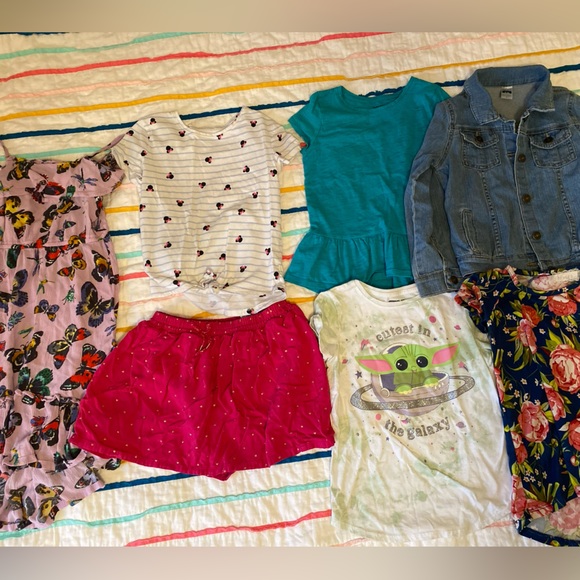 Lot Of 7 Girls Size 7 Tops Jean Jacket Dress Skort Minnie Mouse Star Wars Floral - Picture 1 of 16